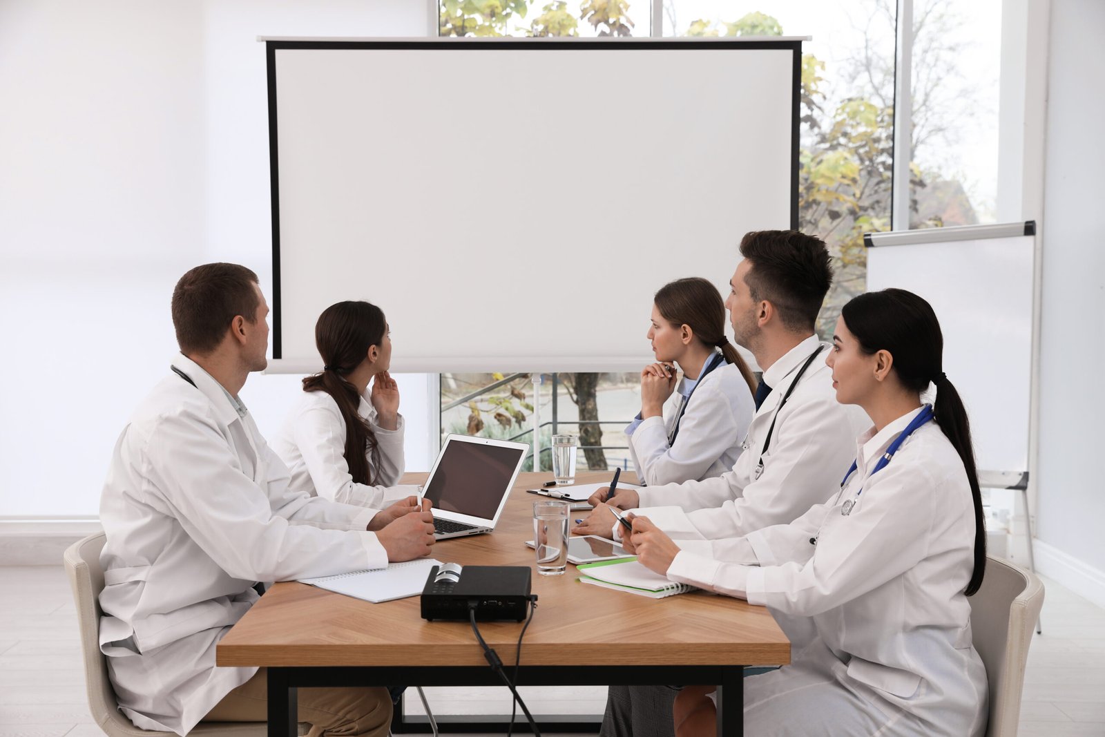 Team of doctors using video projector during conference indoors
